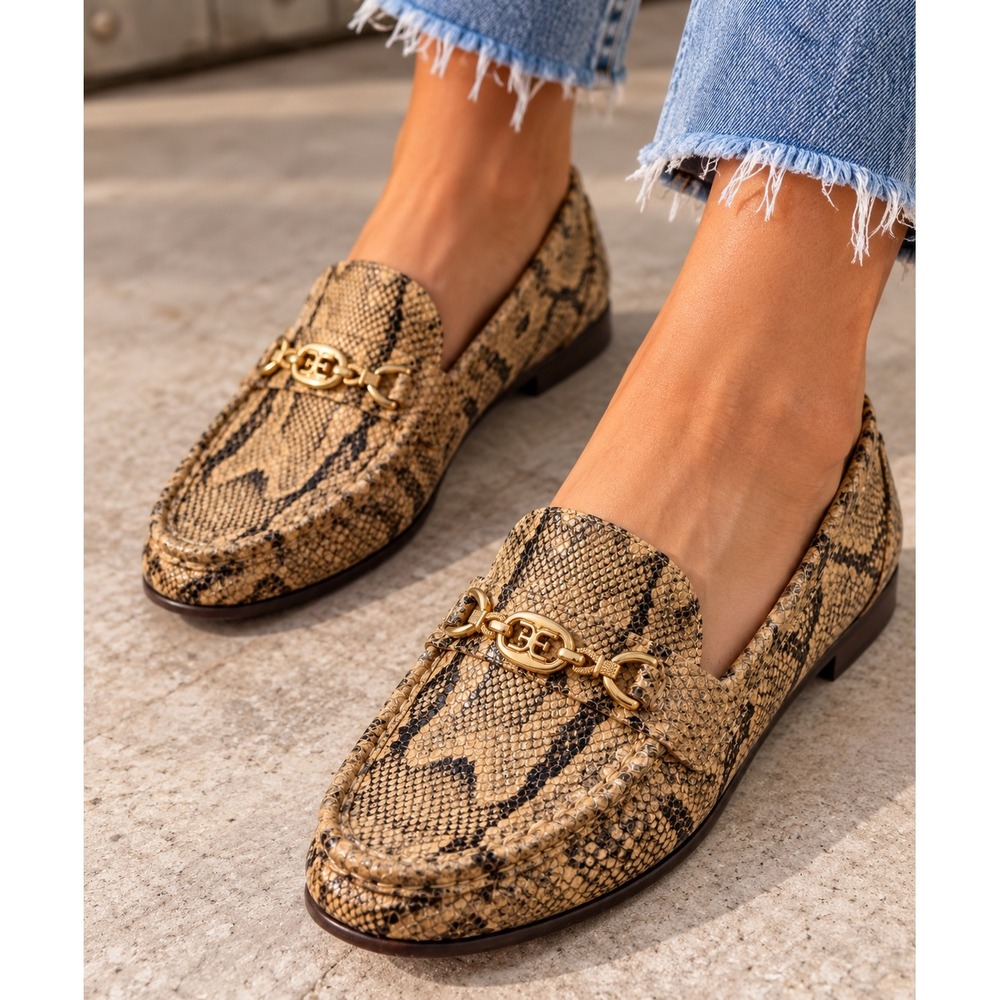 Sam Edelman Loraine Snakeskin Embossed Leather Loafers Tan Black Gold